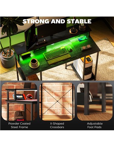 HOMCOM Computer Desk with Power Outlets and LED Lights, 120 x 50cm Reversible Home Office Desk with Monitor Stand and 2-Tier Sto