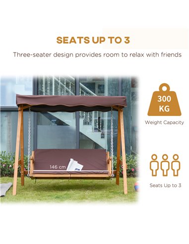 Outsunny 3 Seater Outdoor Garden Swing Chair with Adjustable Canopy, Wooden Hammock Bench with  Padded Cushions for Patio Yard, 
