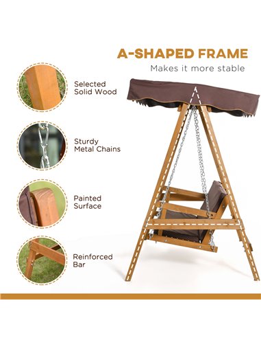 Outsunny 3 Seater Outdoor Garden Swing Chair with Adjustable Canopy, Wooden Hammock Bench with  Padded Cushions for Patio Yard, 