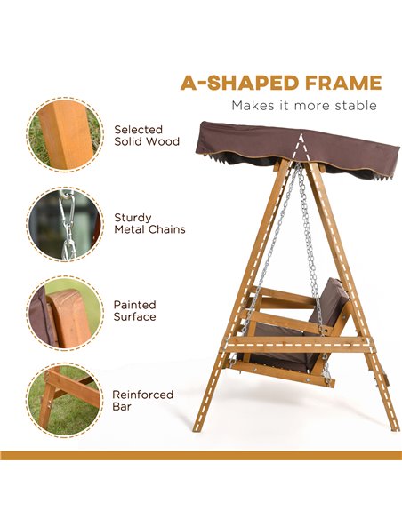 Outsunny 3 Seater Outdoor Garden Swing Chair with Adjustable Canopy, Wooden Hammock Bench with  Padded Cushions for Patio Yard,  - pic 12082 | FastDaddyshop