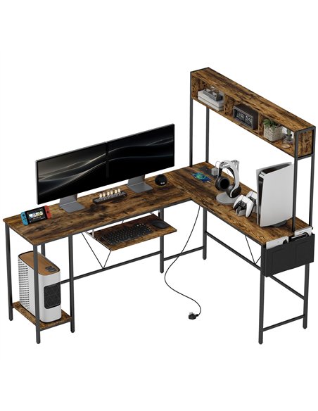 HOMCOM 160cm Reversible L Shaped Desk with Power Outlet, Industrial Corner Desk with Storage Shelves and Keyboard Tray, 240cm Lo - pic 120828 | FastDaddyshop