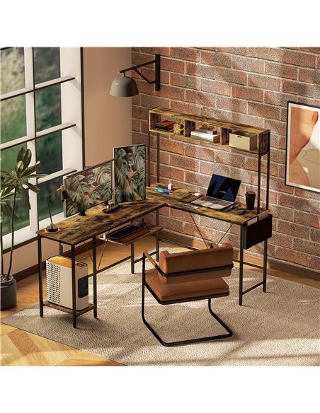 HOMCOM 160cm Reversible L Shaped Desk with Power Outlet, Industrial Corner Desk with Storage Shelves and Keyboard Tray, 240cm Lo - pic 120829 | FastDaddyshop