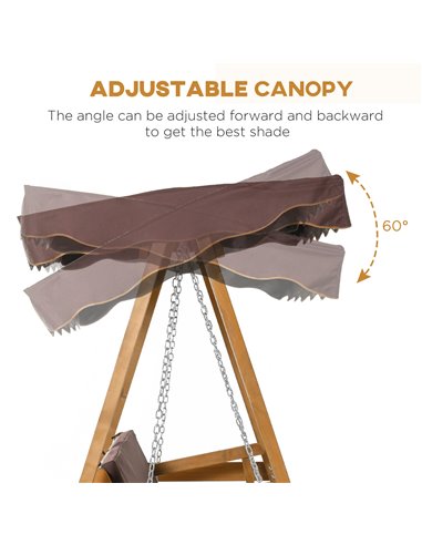 Outsunny 3 Seater Outdoor Garden Swing Chair with Adjustable Canopy, Wooden Hammock Bench with  Padded Cushions for Patio Yard, 