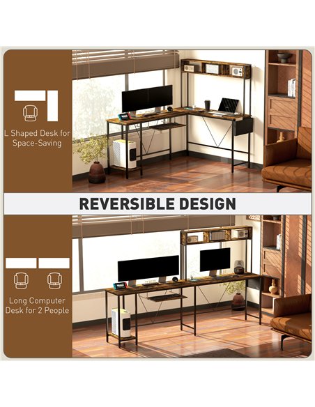 HOMCOM 160cm Reversible L Shaped Desk with Power Outlet, Industrial Corner Desk with Storage Shelves and Keyboard Tray, 240cm Lo - pic 120832 | FastDaddyshop