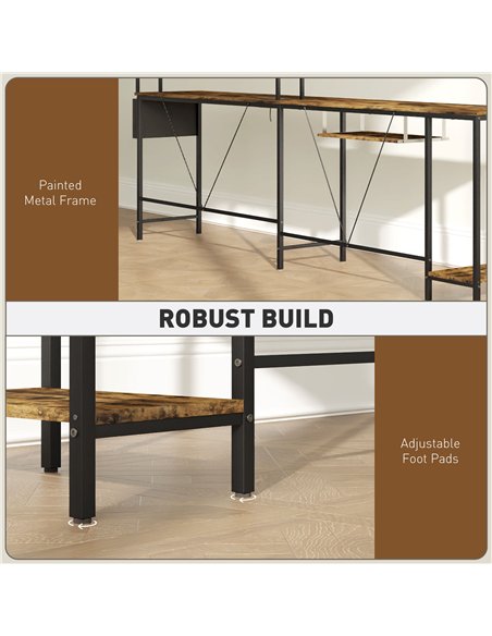 HOMCOM 160cm Reversible L Shaped Desk with Power Outlet, Industrial Corner Desk with Storage Shelves and Keyboard Tray, 240cm Lo - pic 120834 | FastDaddyshop