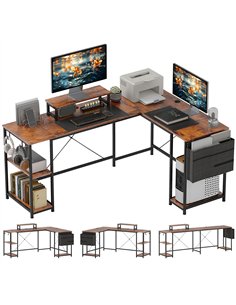 HOMCOM 168cm Reversible L Shaped Desk, Industrial Corner Computer Desk with Adjustable Shelf and Storage Bag, 240cm 2 Person Des
