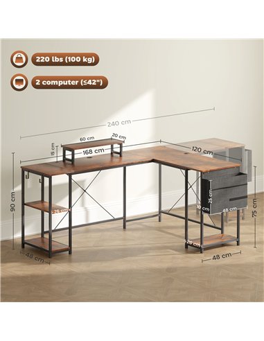 HOMCOM 168cm Reversible L Shaped Desk, Industrial Corner Computer Desk with Adjustable Shelf and Storage Bag, 240cm 2 Person Des