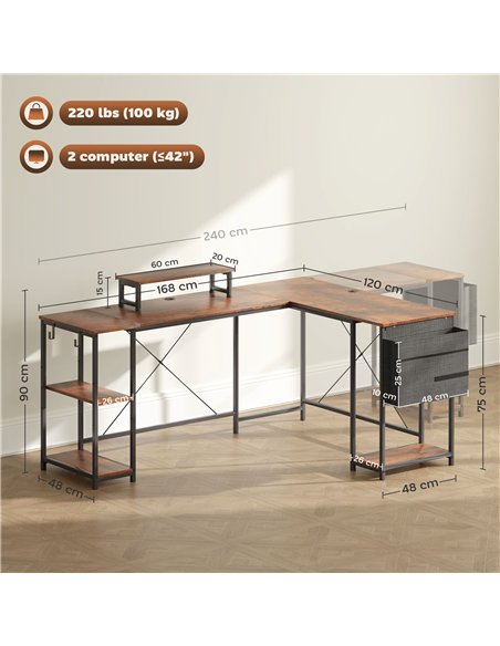 HOMCOM 168cm Reversible L Shaped Desk, Industrial Corner Computer Desk with Adjustable Shelf and Storage Bag, 240cm 2 Person Des - pic 120839 | FastDaddyshop