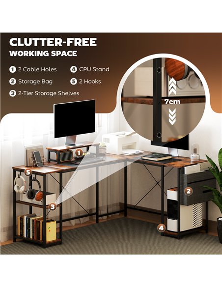 HOMCOM 168cm Reversible L Shaped Desk, Industrial Corner Computer Desk with Adjustable Shelf and Storage Bag, 240cm 2 Person Des - pic 120840 | FastDaddyshop