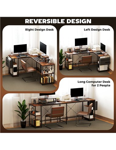 HOMCOM 168cm Reversible L Shaped Desk, Industrial Corner Computer Desk with Adjustable Shelf and Storage Bag, 240cm 2 Person Des