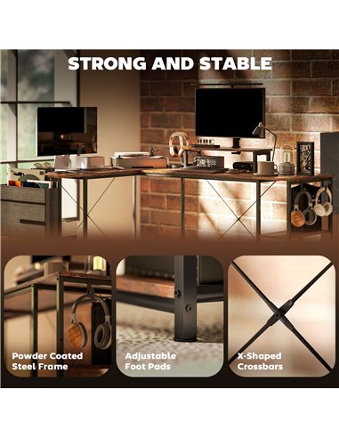 HOMCOM 168cm Reversible L Shaped Desk, Industrial Corner Computer Desk with Adjustable Shelf and Storage Bag, 240cm 2 Person Des