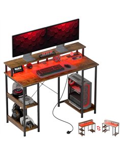 HOMCOM Computer Desk with Power Outlets and LED Lights, 120 x 50cm Reversible Home Office Desk with Monitor Stand and 2-Tier Sto