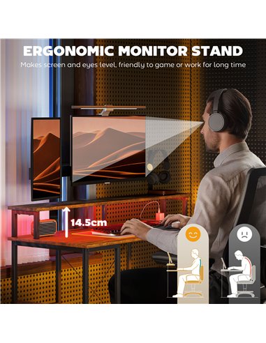 HOMCOM Computer Desk with Power Outlets and LED Lights, 120 x 50cm Reversible Home Office Desk with Monitor Stand and 2-Tier Sto
