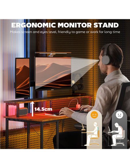 HOMCOM Computer Desk with Power Outlets and LED Lights, 120 x 50cm Reversible Home Office Desk with Monitor Stand and 2-Tier Sto - pic 120851 | FastDaddyshop