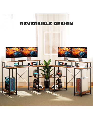 HOMCOM Computer Desk with Power Outlets and LED Lights, 120 x 50cm Reversible Home Office Desk with Monitor Stand and 2-Tier Sto