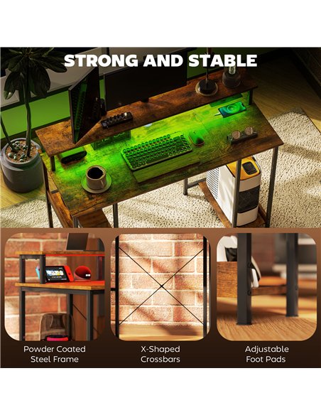 HOMCOM Computer Desk with Power Outlets and LED Lights, 120 x 50cm Reversible Home Office Desk with Monitor Stand and 2-Tier Sto - pic 120854 | FastDaddyshop