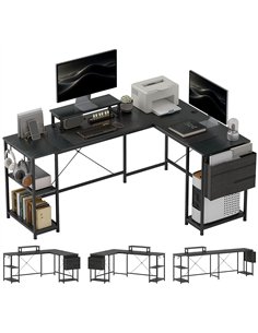HOMCOM 168cm Reversible L Shaped Desk, Industrial Corner Computer Desk with Adjustable Shelf and Storage Bag, 240cm 2 Person Des