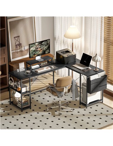 HOMCOM 168cm Reversible L Shaped Desk, Industrial Corner Computer Desk with Adjustable Shelf and Storage Bag, 240cm 2 Person Des
