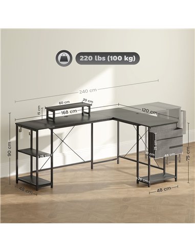 HOMCOM 168cm Reversible L Shaped Desk, Industrial Corner Computer Desk with Adjustable Shelf and Storage Bag, 240cm 2 Person Des