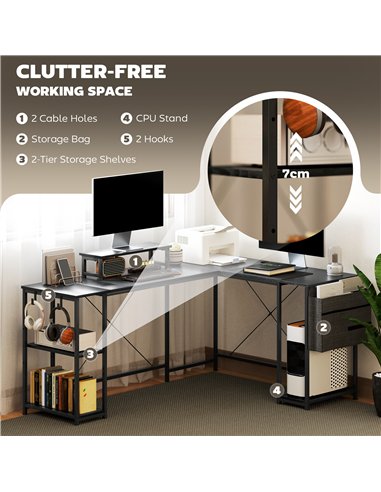 HOMCOM 168cm Reversible L Shaped Desk, Industrial Corner Computer Desk with Adjustable Shelf and Storage Bag, 240cm 2 Person Des