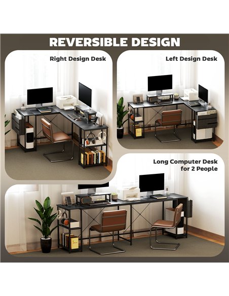 HOMCOM 168cm Reversible L Shaped Desk, Industrial Corner Computer Desk with Adjustable Shelf and Storage Bag, 240cm 2 Person Des - pic 120859 | FastDaddyshop