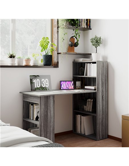 HOMCOM 120cm Modern Computer Desk Bookshelf Study Table Workstation PC Laptop Writing Home Office 6 Shelves, Grey Wood-Effect - pic 120865 | FastDaddyshop