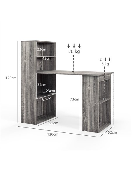HOMCOM 120cm Modern Computer Desk Bookshelf Study Table Workstation PC Laptop Writing Home Office 6 Shelves, Grey Wood-Effect - pic 120866 | FastDaddyshop