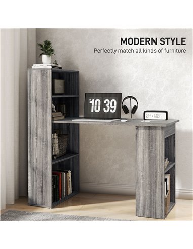 HOMCOM 120cm Modern Computer Desk Bookshelf Study Table Workstation PC Laptop Writing Home Office 6 Shelves, Grey Wood-Effect
