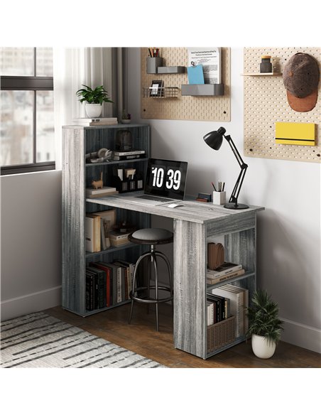 HOMCOM 120cm Modern Computer Desk Bookshelf Study Table Workstation PC Laptop Writing Home Office 6 Shelves, Grey Wood-Effect - pic 120870 | FastDaddyshop