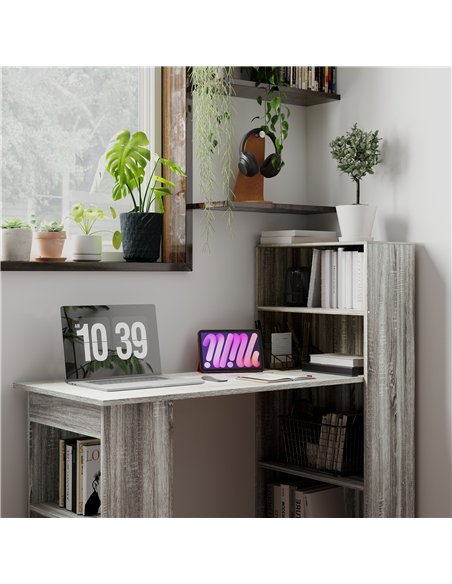 HOMCOM 120cm Modern Computer Desk Bookshelf Study Table Workstation PC Laptop Writing Home Office 6 Shelves, Grey Wood-Effect - pic 120871 | FastDaddyshop