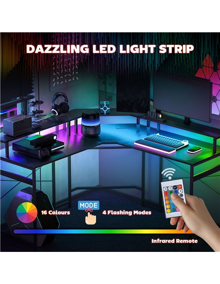 HOMCOM 'L' Shaped Work Desk, with LED Lights - Black - pic 120877 | FastDaddyshop