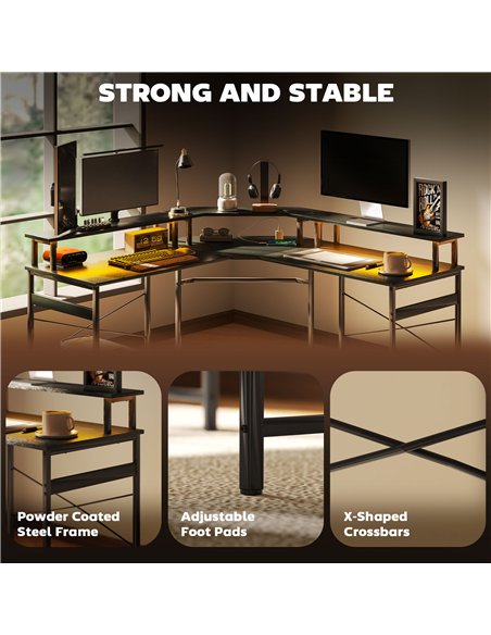 HOMCOM 'L' Shaped Work Desk, with LED Lights - Black - pic 120879 | FastDaddyshop