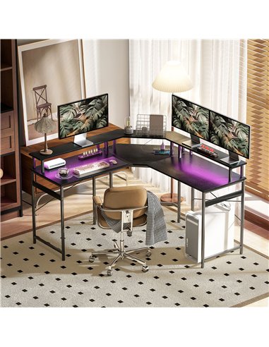 HOMCOM 'L' Shaped Work Desk, with LED Lights - Black
