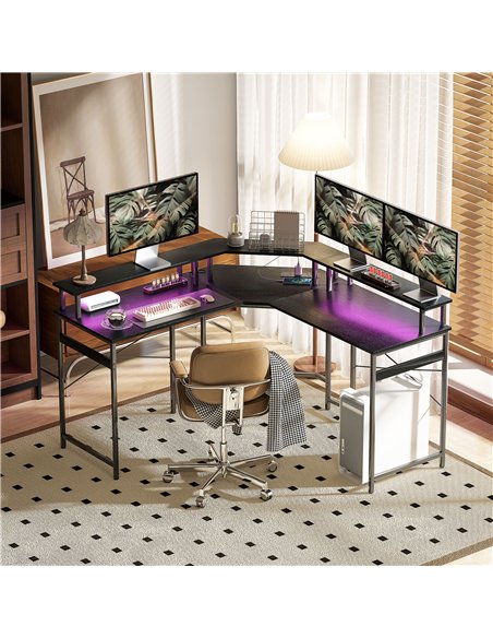 HOMCOM 'L' Shaped Work Desk, with LED Lights - Black - pic 120880 | FastDaddyshop
