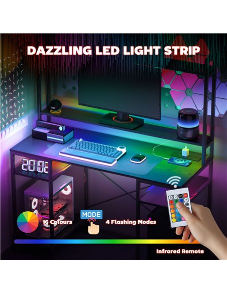 HOMCOM Computer Desk with Power Outlets and LED Lights, Home Office Desk with Monitor Stand and 2 CPU Stands, Study Table Gaming - pic 120886 | FastDaddyshop