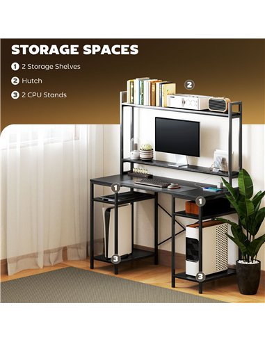 HOMCOM Computer Desk with Power Outlets and LED Lights, Home Office Desk with Monitor Stand and 2 CPU Stands, Study Table Gaming