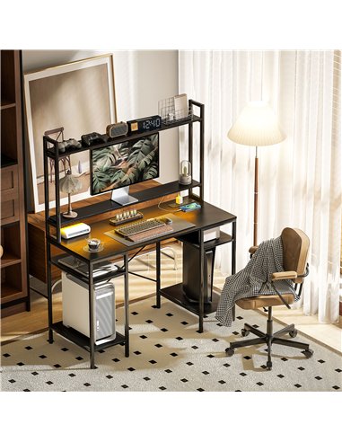 HOMCOM Computer Desk with Power Outlets and LED Lights, Home Office Desk with Monitor Stand and 2 CPU Stands, Study Table Gaming