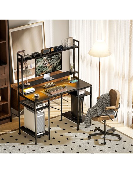 HOMCOM Computer Desk with Power Outlets and LED Lights, Home Office Desk with Monitor Stand and 2 CPU Stands, Study Table Gaming - pic 120890 | FastDaddyshop