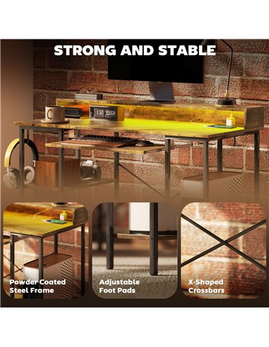 HOMCOM Reversible Computer Desk with LED Lights and Power Outlets, 120 x 55 cm Gaming Desk with Monitor Stand, Sliding Keyboard 