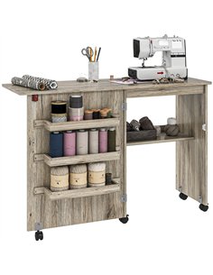 HOMCOM Folding Sewing Table, Drop Leaf Craft Table with Storage Bins, Open Shelf and Wheels, Rolling Sewing Machine Cabinet Comp
