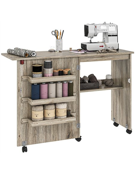 HOMCOM Folding Sewing Table, Drop Leaf Craft Table with Storage Bins, Open Shelf and Wheels, Rolling Sewing Machine Cabinet Comp - pic 120900 | FastDaddyshop