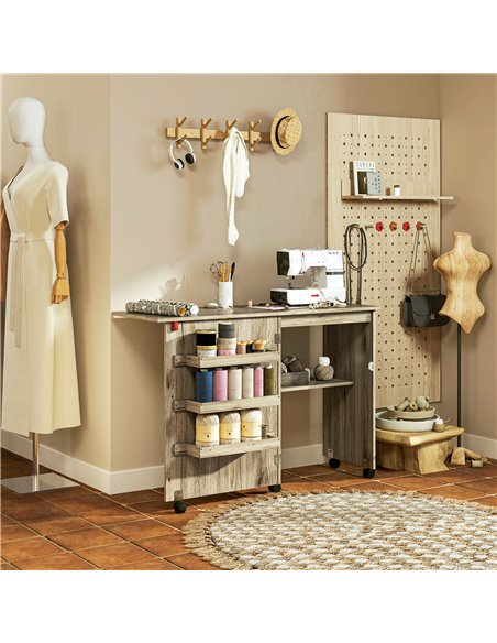 HOMCOM Folding Sewing Table, Drop Leaf Craft Table with Storage Bins, Open Shelf and Wheels, Rolling Sewing Machine Cabinet Comp - pic 120901 | FastDaddyshop