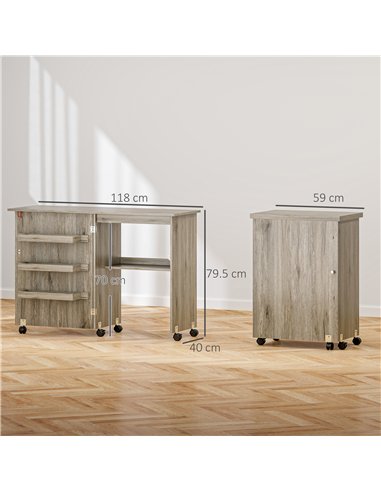 HOMCOM Folding Sewing Table, Drop Leaf Craft Table with Storage Bins, Open Shelf and Wheels, Rolling Sewing Machine Cabinet Comp