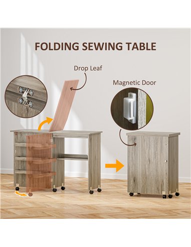HOMCOM Folding Sewing Table, Drop Leaf Craft Table with Storage Bins, Open Shelf and Wheels, Rolling Sewing Machine Cabinet Comp