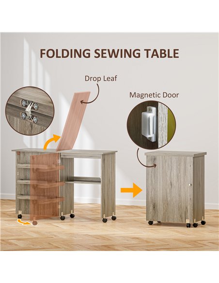 HOMCOM Folding Sewing Table, Drop Leaf Craft Table with Storage Bins, Open Shelf and Wheels, Rolling Sewing Machine Cabinet Comp - pic 120903 | FastDaddyshop