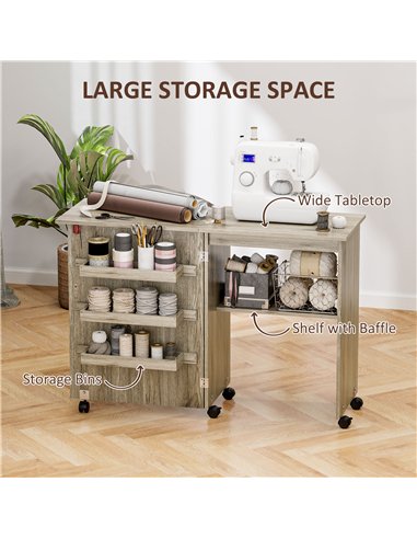 HOMCOM Folding Sewing Table, Drop Leaf Craft Table with Storage Bins, Open Shelf and Wheels, Rolling Sewing Machine Cabinet Comp