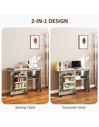 HOMCOM Folding Sewing Table, Drop Leaf Craft Table with Storage Bins, Open Shelf and Wheels, Rolling Sewing Machine Cabinet Comp