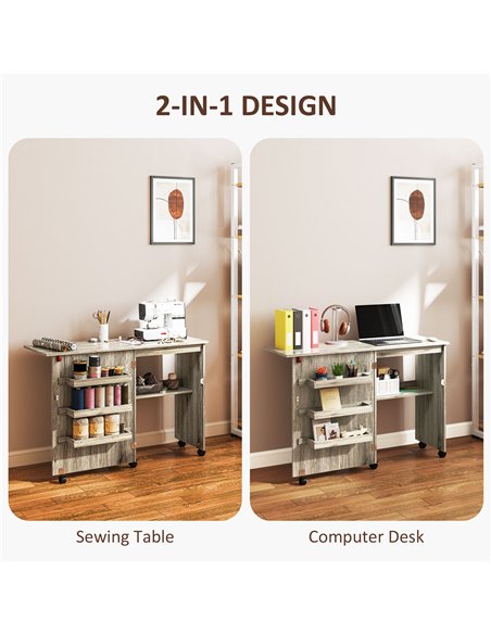 HOMCOM Folding Sewing Table, Drop Leaf Craft Table with Storage Bins, Open Shelf and Wheels, Rolling Sewing Machine Cabinet Comp - pic 120905 | FastDaddyshop
