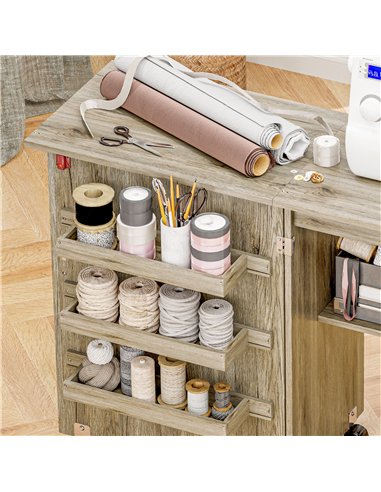 HOMCOM Folding Sewing Table, Drop Leaf Craft Table with Storage Bins, Open Shelf and Wheels, Rolling Sewing Machine Cabinet Comp
