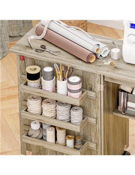 HOMCOM Folding Sewing Table, Drop Leaf Craft Table with Storage Bins, Open Shelf and Wheels, Rolling Sewing Machine Cabinet Comp - pic 120908 | FastDaddyshop